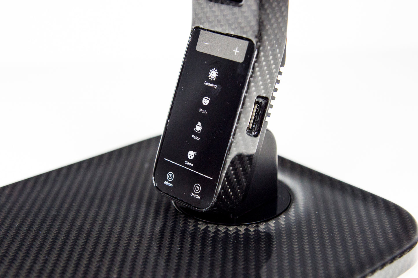 Carbon LED Schreibtischlampe Tischlampe mit USB Ladefunktion dimmbar / Carbon Fibre LED Desk Lamp with USB charging function
